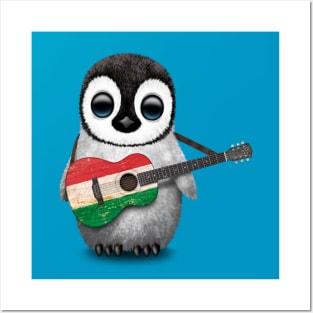 Baby Penguin Playing Hungarian Flag Guitar Posters and Art